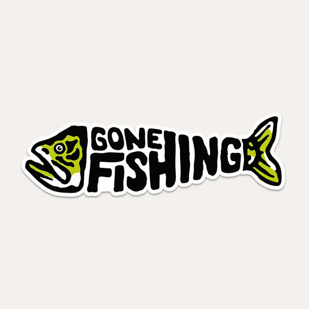 Union Made Gone Fishing Vinyl Sticker—durable, black and green fish-shaped decal, perfect for fishing gear, cars, boats, laptops.