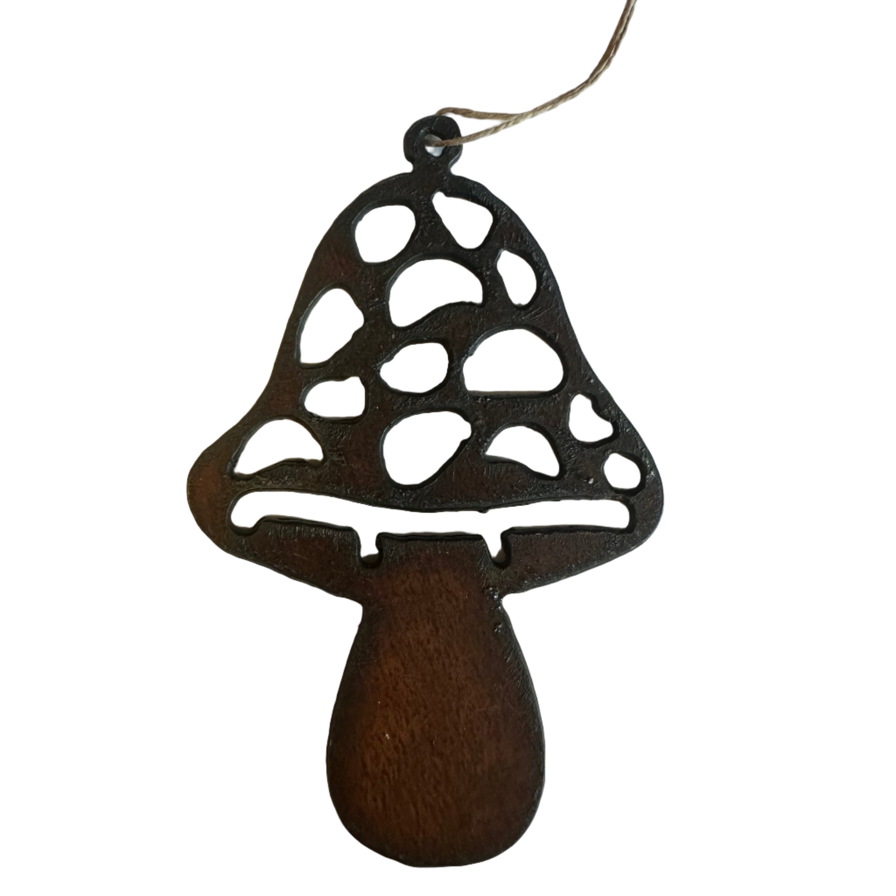 Decorative mushroom with hanging tie on a white background