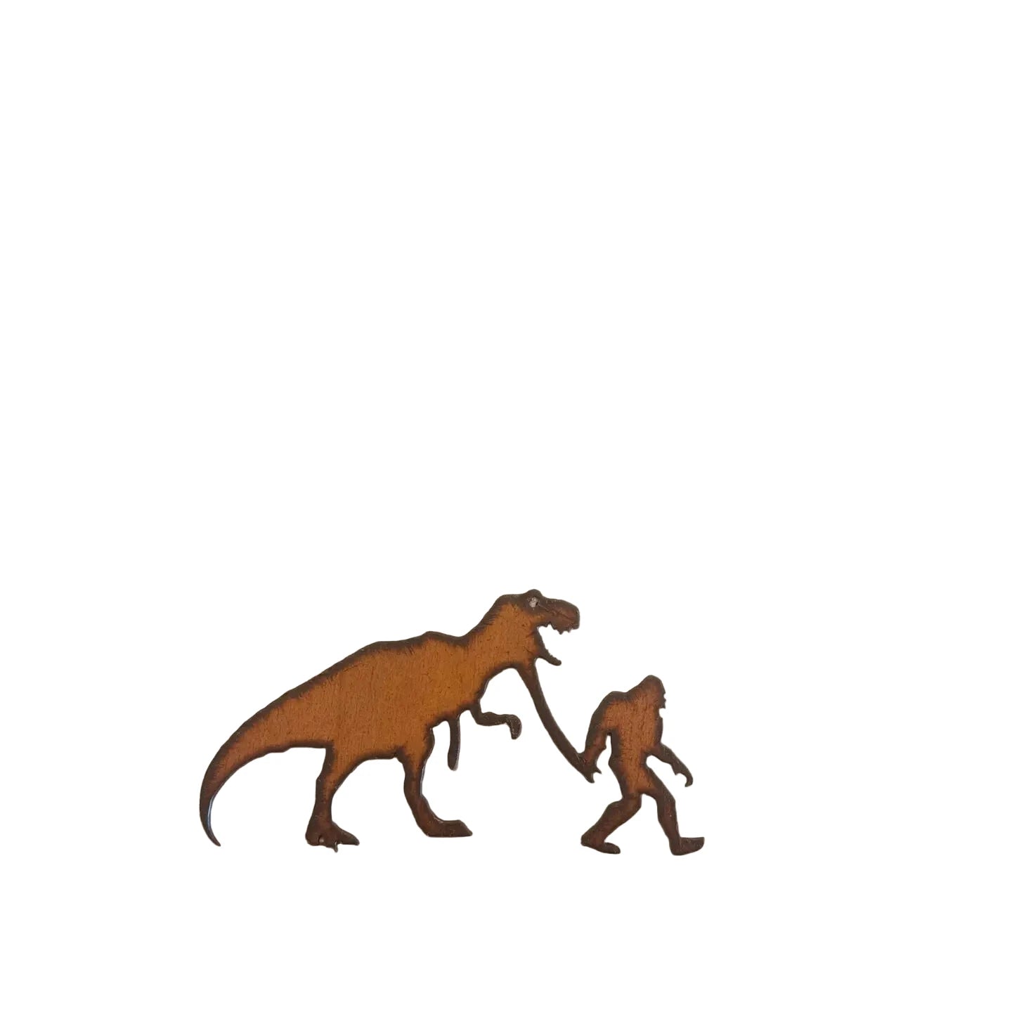 Metallic dinosaur and human figure on a white surface