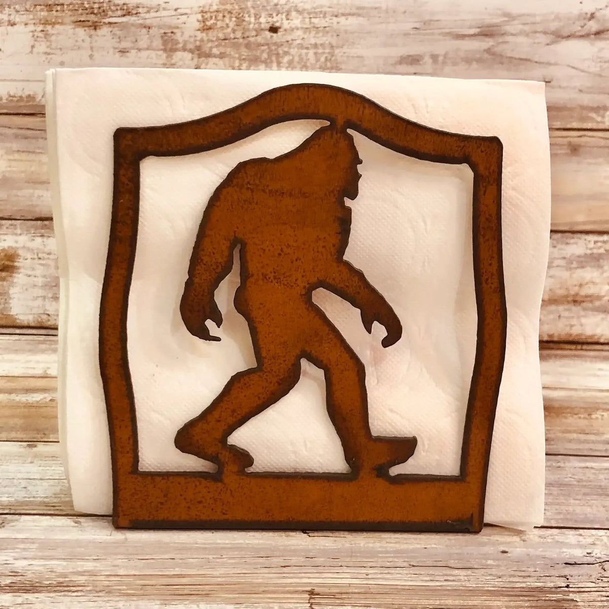 Universal Ironworks Bigfoot Yeti Sasquatch Napkin Holder, rustic kitchen decor, unique metal napkin organizer for farmhouse style.