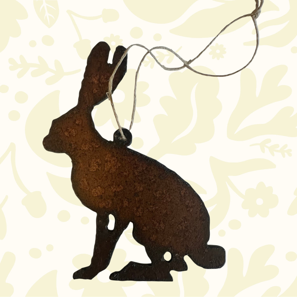 Universal Ironworks Jack Rabbit hanging iron decoration, rustic brown metal ornament with string loop, farmhouse home decor accent.