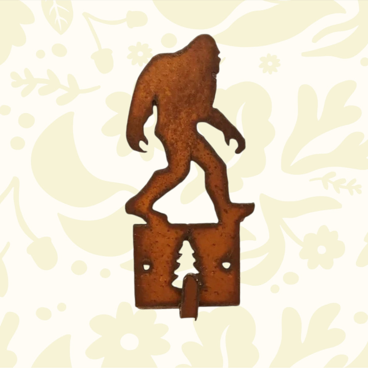 Universal Ironworks Bigfoot Yeti Sasquatch key hook with tree cutout, rustic steel wall decor, organizer for keys or entryway.