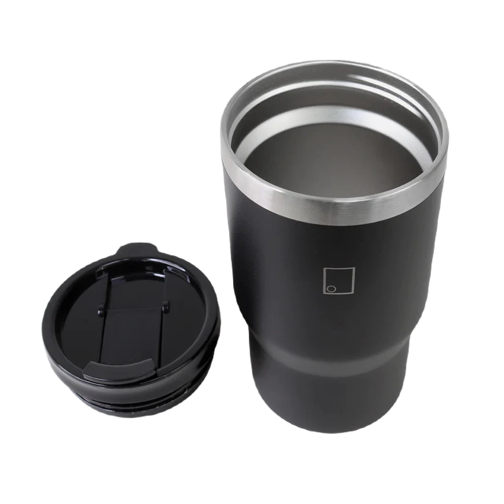 A black Sophos 14oz Vacuum Mug, constructed from stainless steel with double-wall technology for optimal insulation, features a small square logo in the center and a lid, set against a white background.