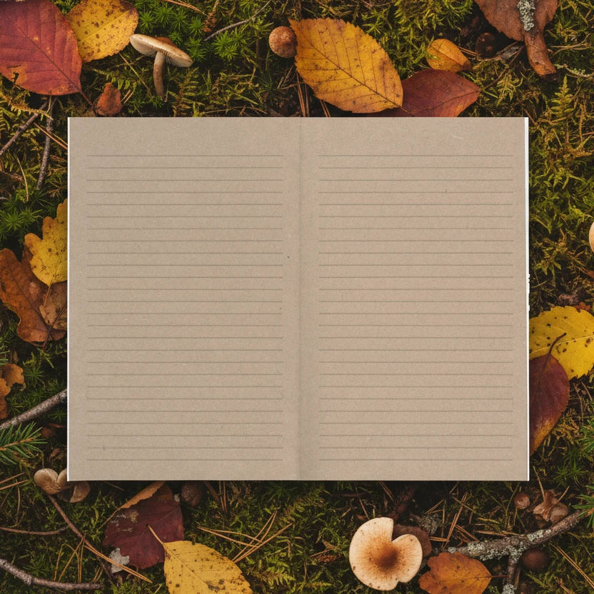 Denik Trout Kraft Classic Layflat Notebook open on fall leaves, moss, twigs, and mushrooms; nature-inspired stationery scene.