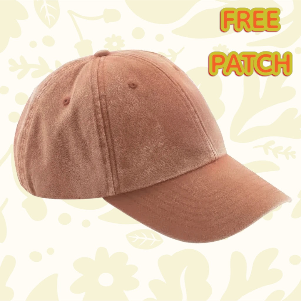 Vintage orange Forager Provisions Patch Your Cap with bold stitching, eyelets, and classic style shown on white background.