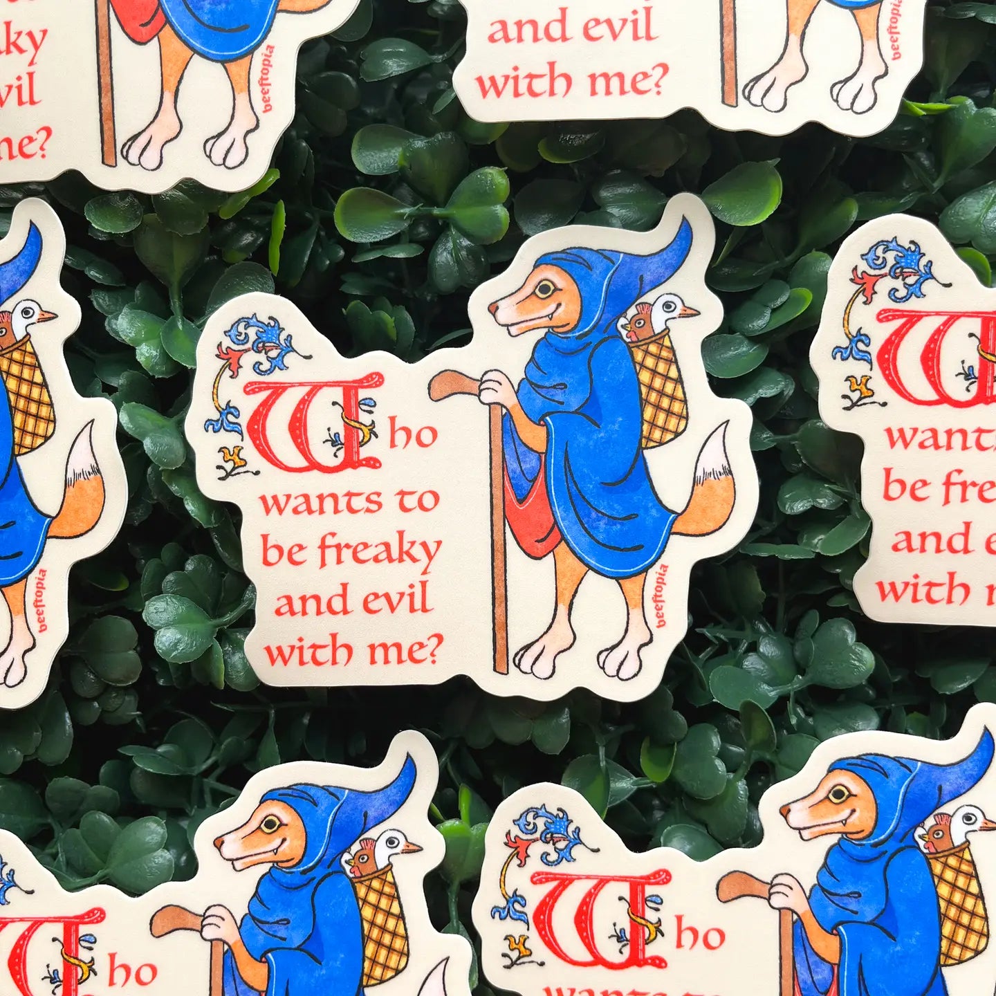 Beeftopia fox vinyl sticker, “Who Wants To Be Freaky and Evil with Me?” Fun laptop decor, cute gift for animal lovers.