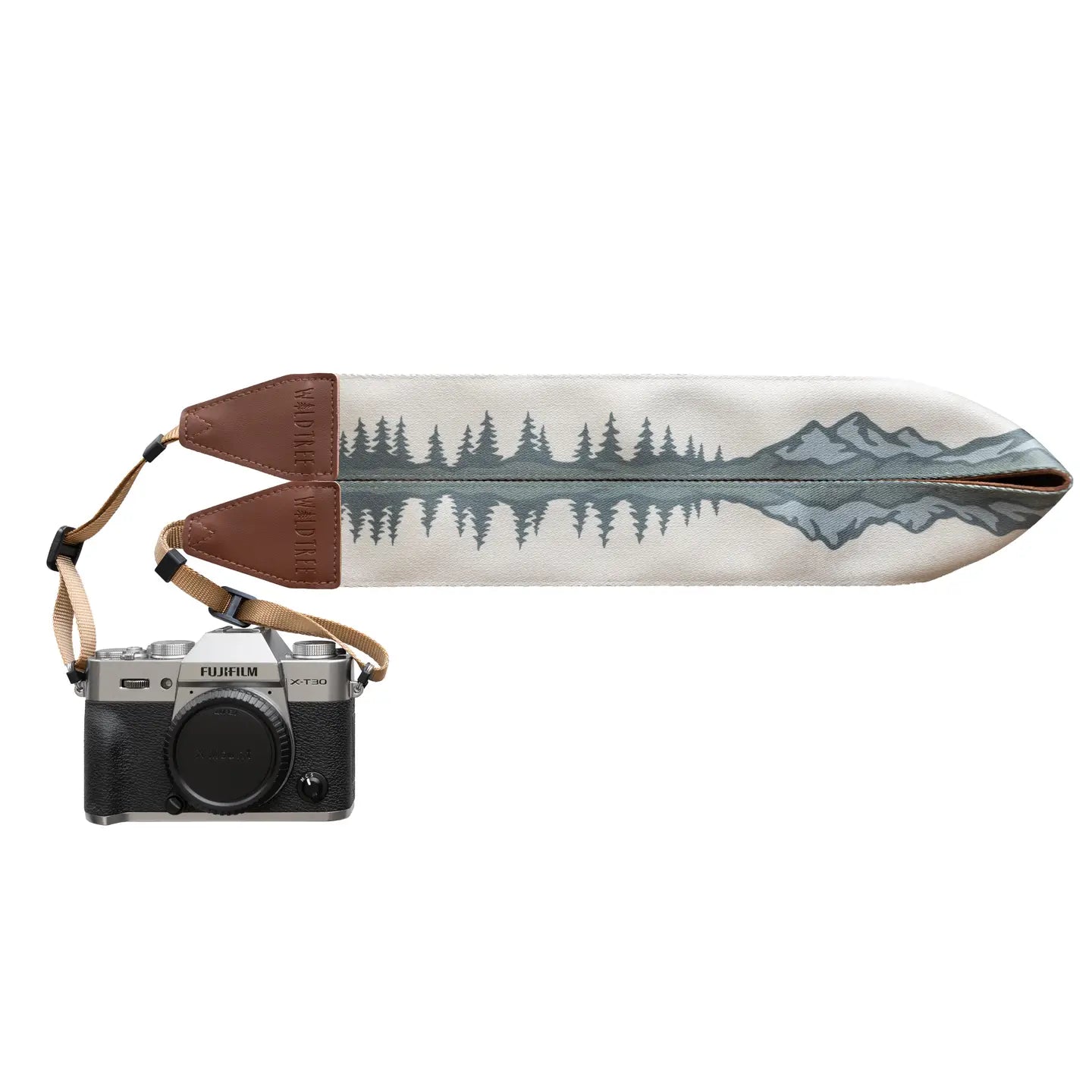 Fujifilm camera with Wildtree Landscape Camera Strap, trees and mountains design. Durable, stylish camera strap for photographers.