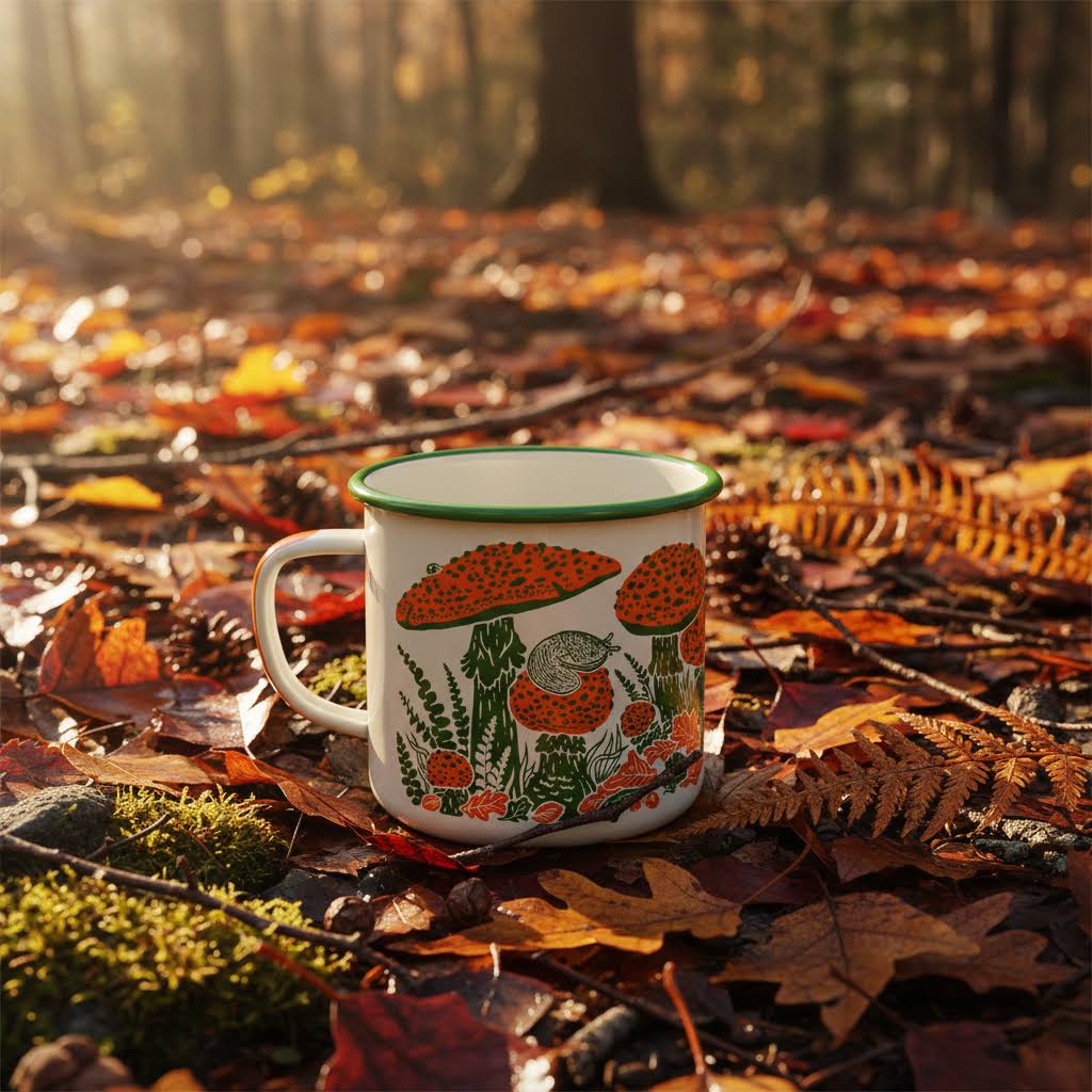 Mustard Beetle Toad & Mushrooms Enamel Camp Mug - Cream (1 Unit/11.8oz)