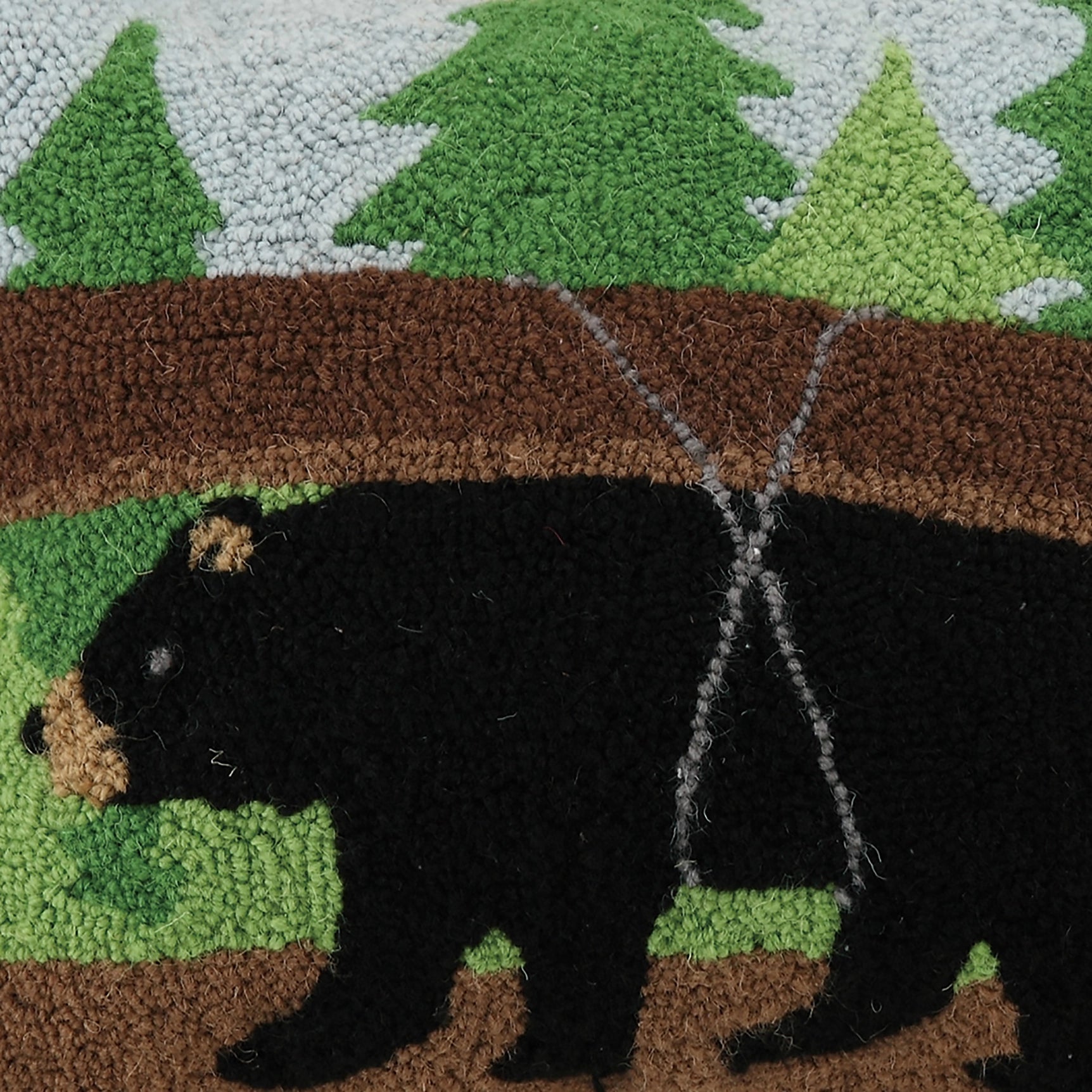 Peking Canoe Bear Wool Hooked Cushion with black bear, pine trees; rustic cabin decor, cozy lodge throw pillow.