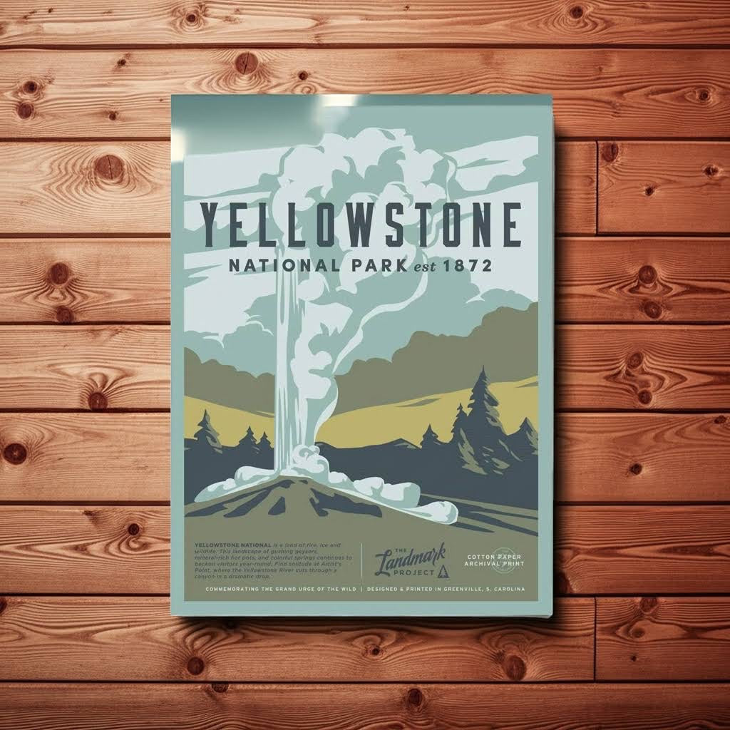 Forager Provisions LTD Yellowstone National Park poster featuring a vintage-style geyser illustration on wood background
