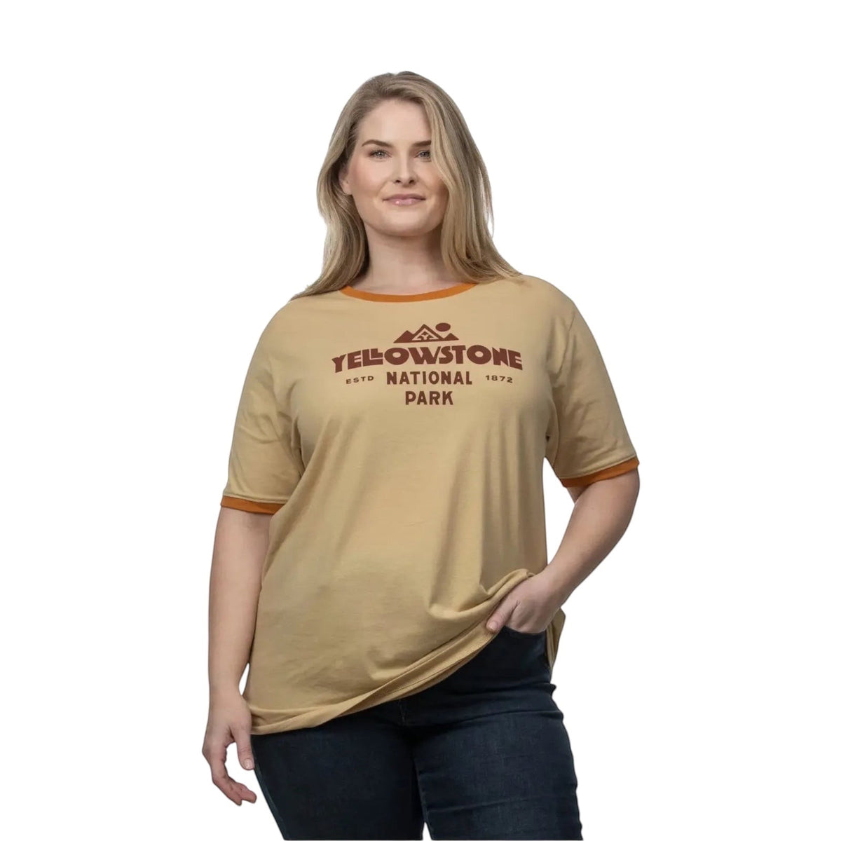 The Landmark Project Yellowstone Type Ringer T-Shirt is a beige tee with orange trim, featuring the text "Yellowstone National Park" and a mountain graphic in brown, sustainably made for eco-conscious adventurers.