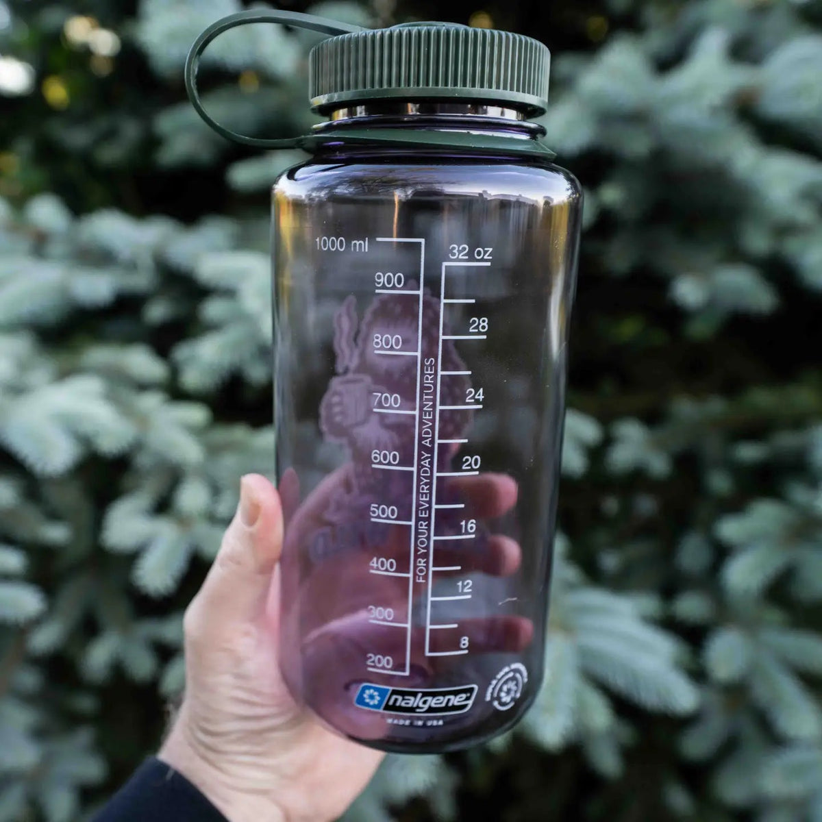 Forager Provisions LTD Hey Bear Outdoors 32oz Nalgene water bottle with Bigfoot graphic and measurement markings