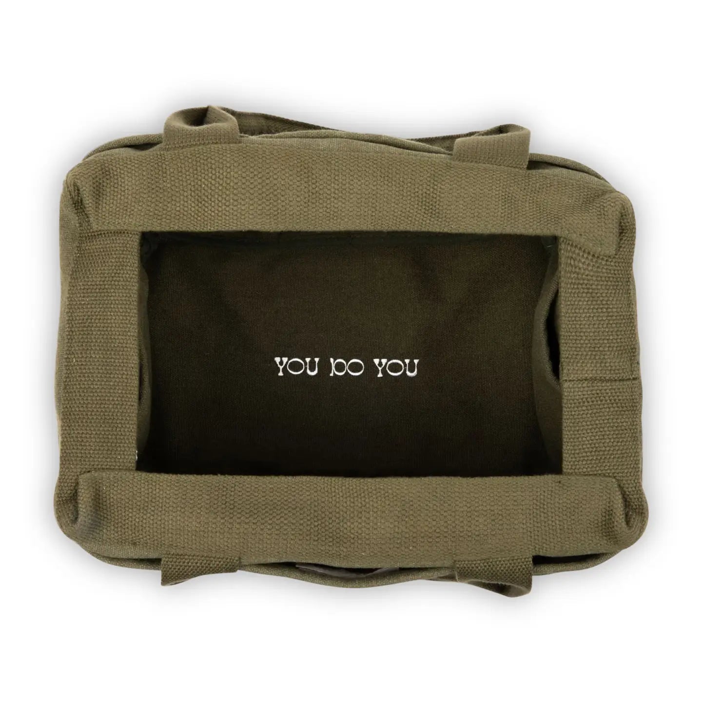 Olive green Soolla canvas tote bag top view, "YOU DO YOU" print inside, stylish eco-friendly shopper for daily use.
