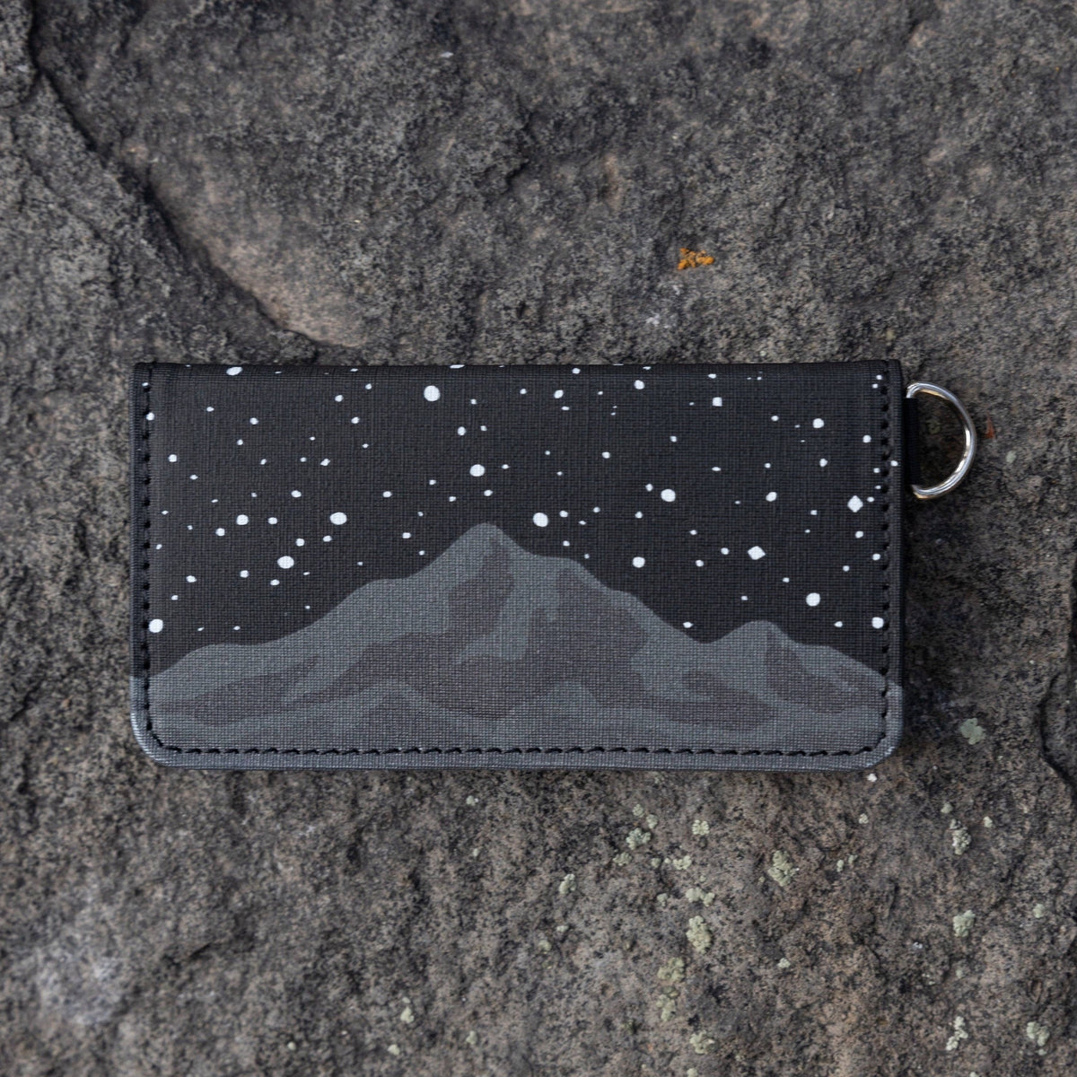 Forager Provisions LTD Wildtree Midnight Mountain polyester card holder with black PU leather and silver D-ring.