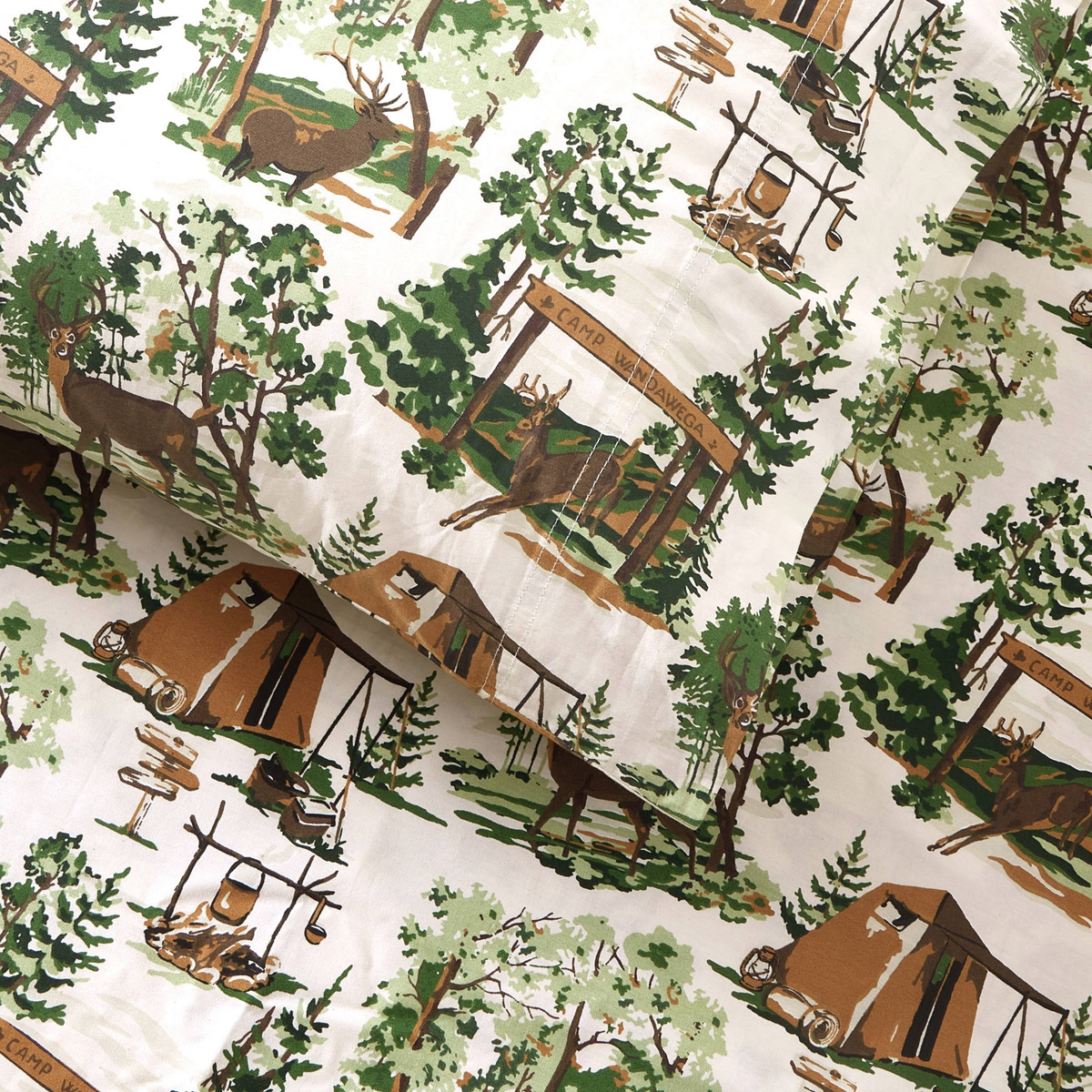 Forager Provisions LTD Peking Handicraft x Camp Wandawega cotton sheet set with vintage woodland and camping print