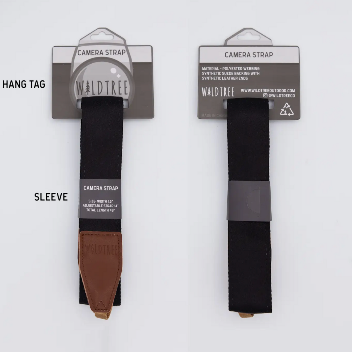 Forager Provisions LTD Wildtree camera strap with black polyester webbing, brown synthetic leather ends, and hang tag.