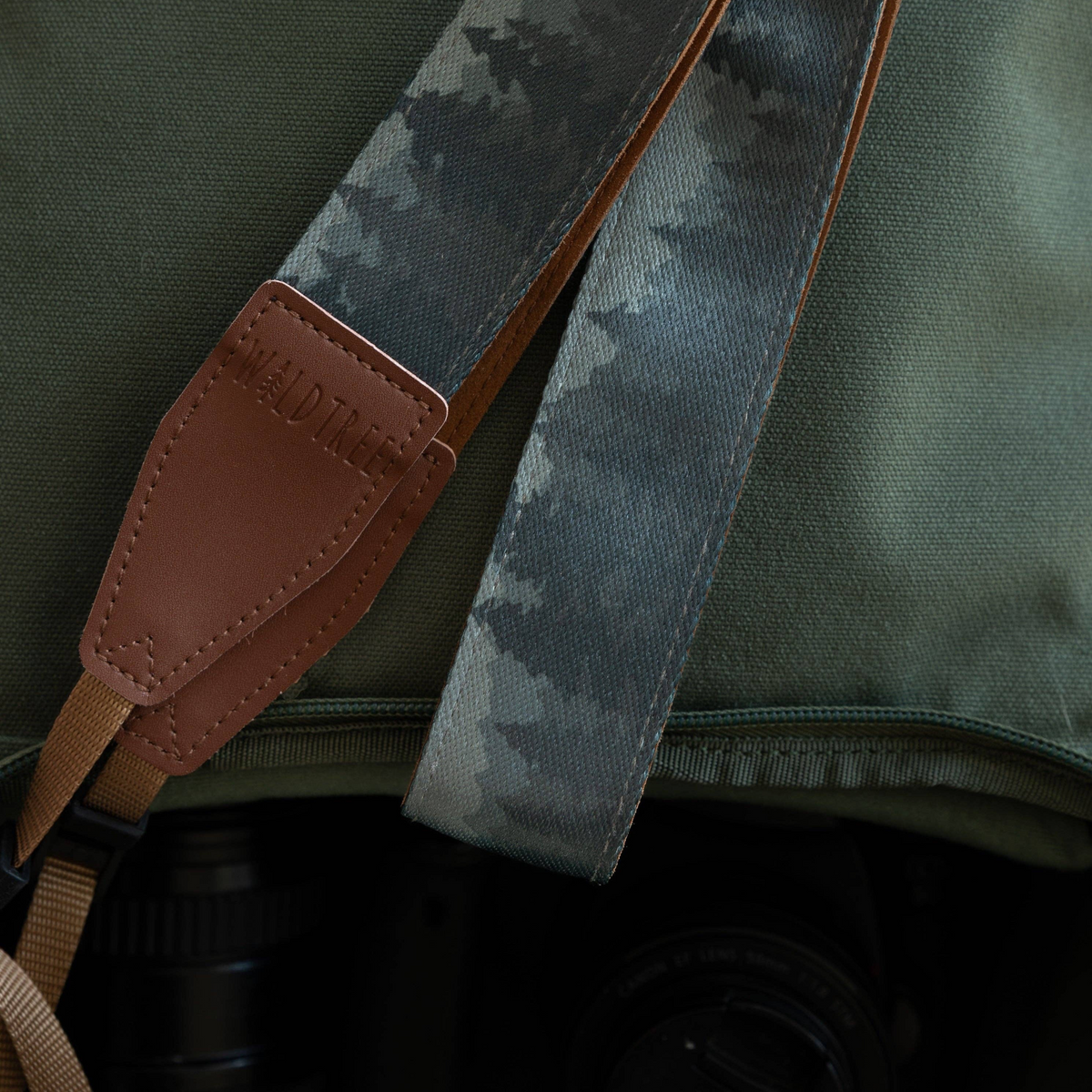 Forager Provisions LTD Wildtree Foggy Forest camera strap with mountain print and brown faux suede accents