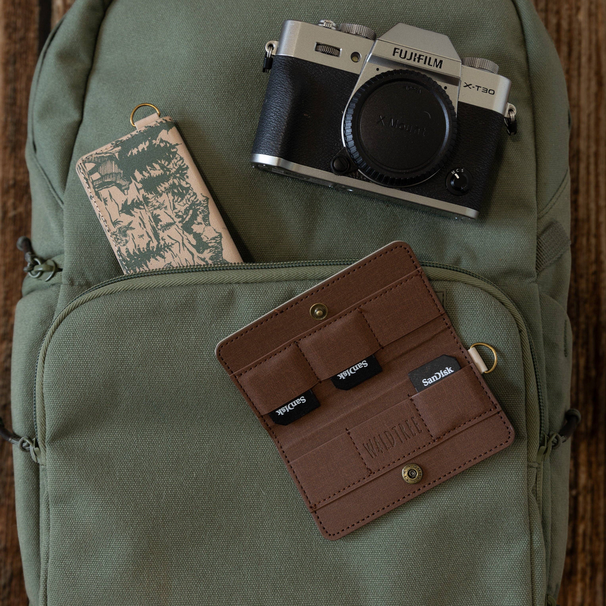 Forager Provisions LTD Wildtree card holder with woodland landscape print, open and closed on a green backpack with camera
