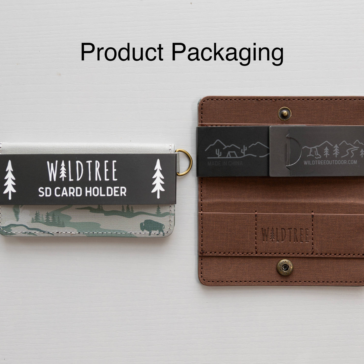 Forager Provisions LTD Wildtree card holder packaging showing the folded polyester case and open brown leather interior