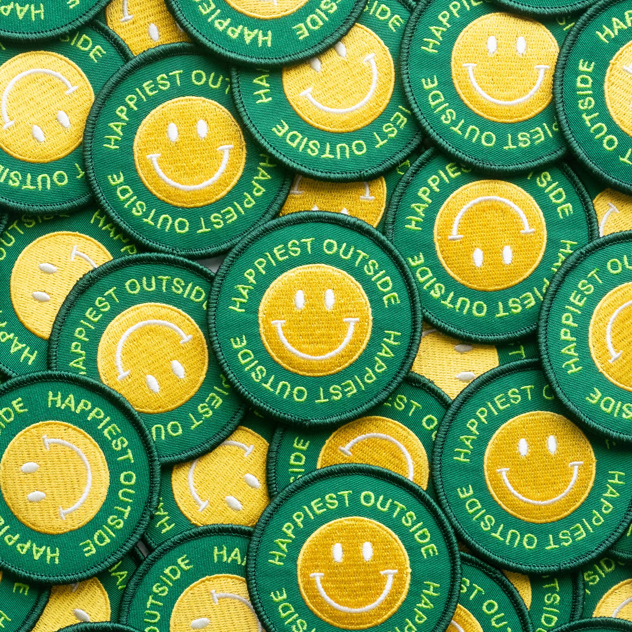 Union Made “Happiest Outside” Smiley Embroidered Iron on Patch
