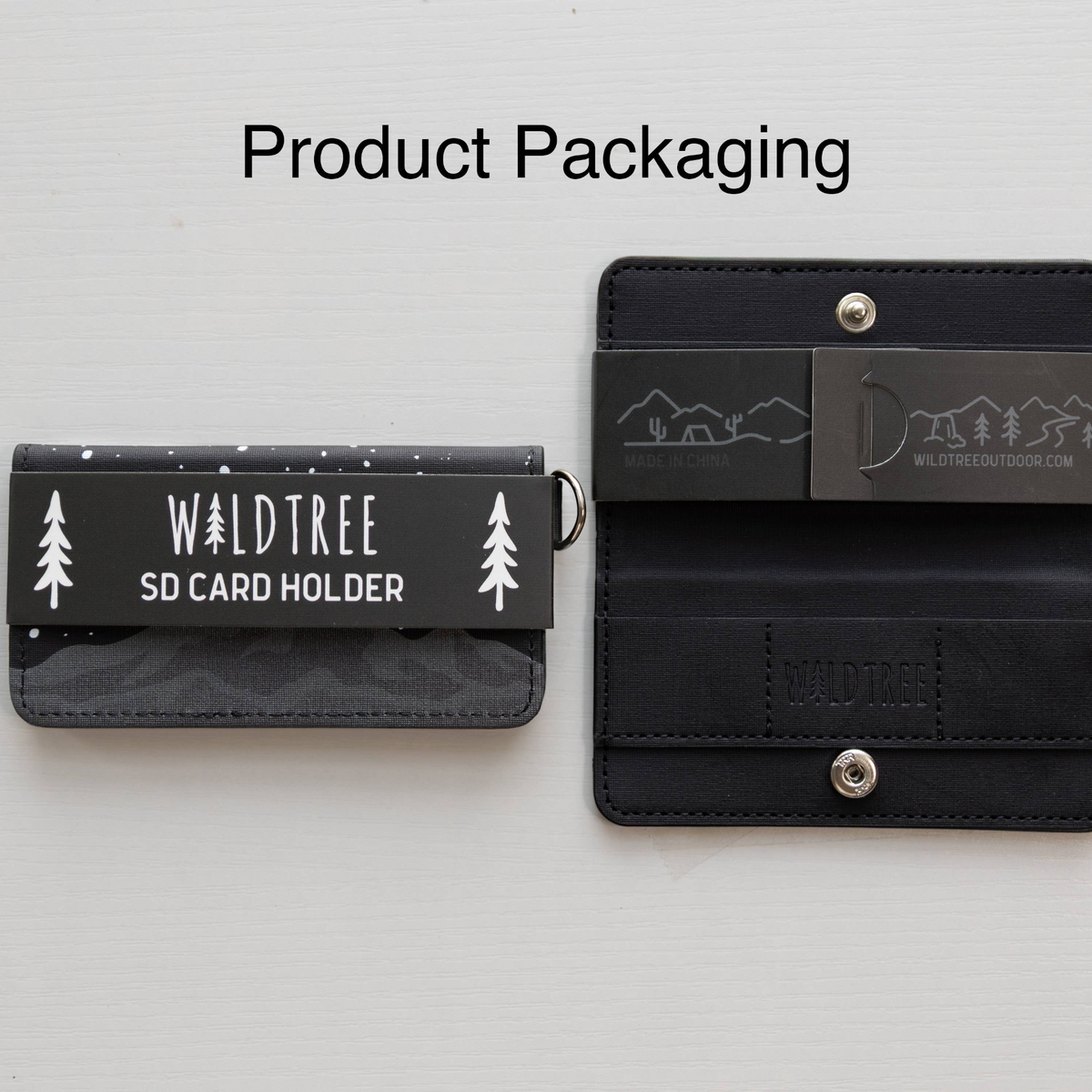 Forager Provisions LTD Wildtree Midnight Mountain card holder shown closed and open with black PU leather and snap closure.
