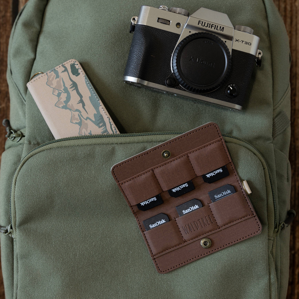 Forager Provisions LTD Wildtree National Parks card holder open on a green backpack next to a Fujifilm camera.