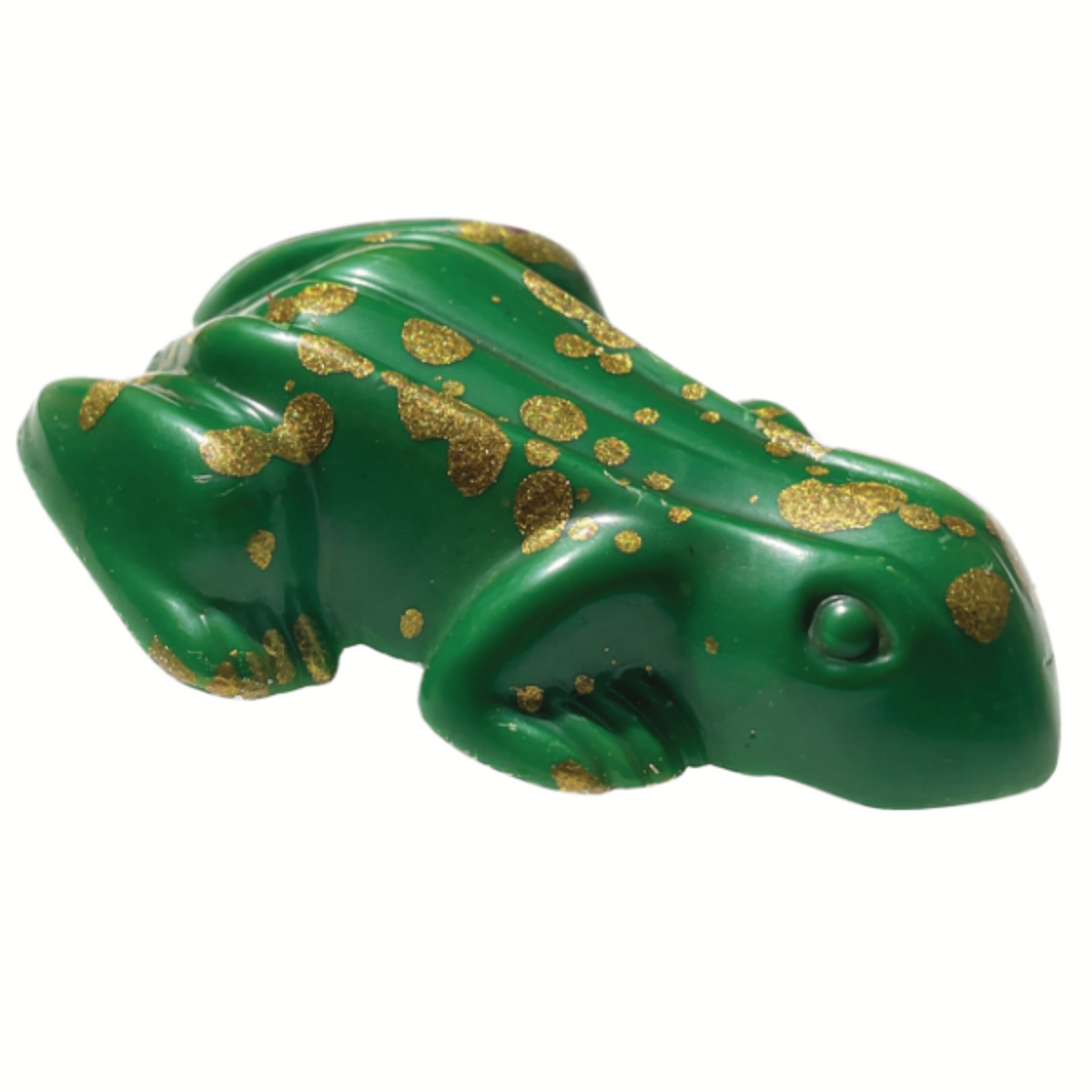 Forager Provisions LTD hand-painted milk chocolate frog in green with gold speckled cocoa butter details.