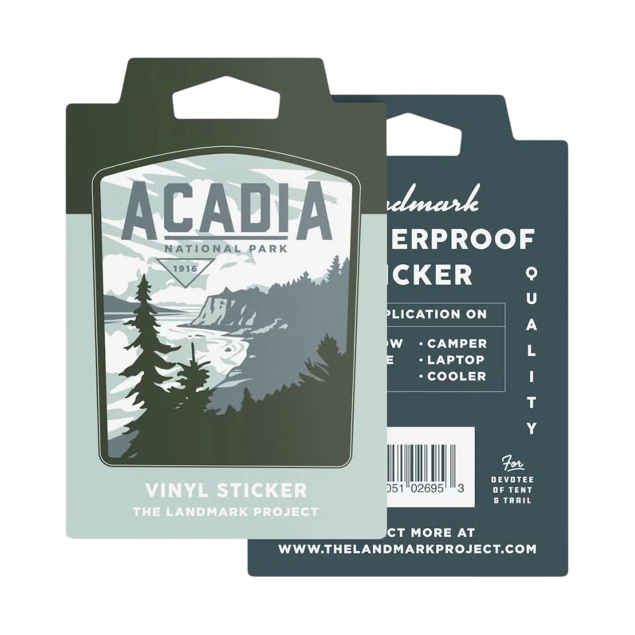 Forager Provisions LTD Acadia National Park vinyl sticker featuring a scenic mountain and forest landscape illustration