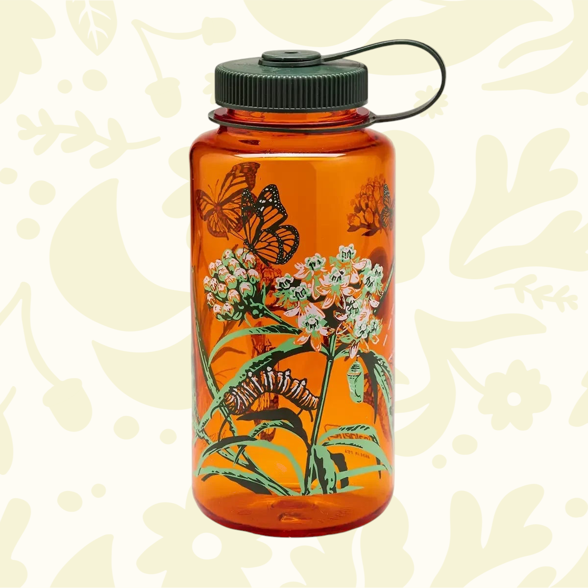Forager Provisions LTD 32oz amber Nalgene water bottle featuring a detailed Monarch butterfly and caterpillar print.