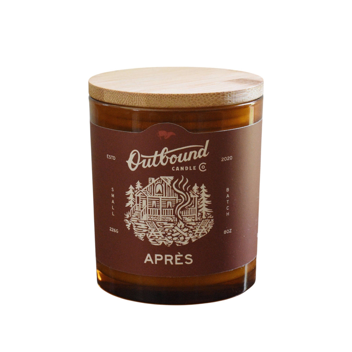 Forager Provisions LTD APRÈS soy candle in amber glass jar with bamboo lid and cabin-themed label