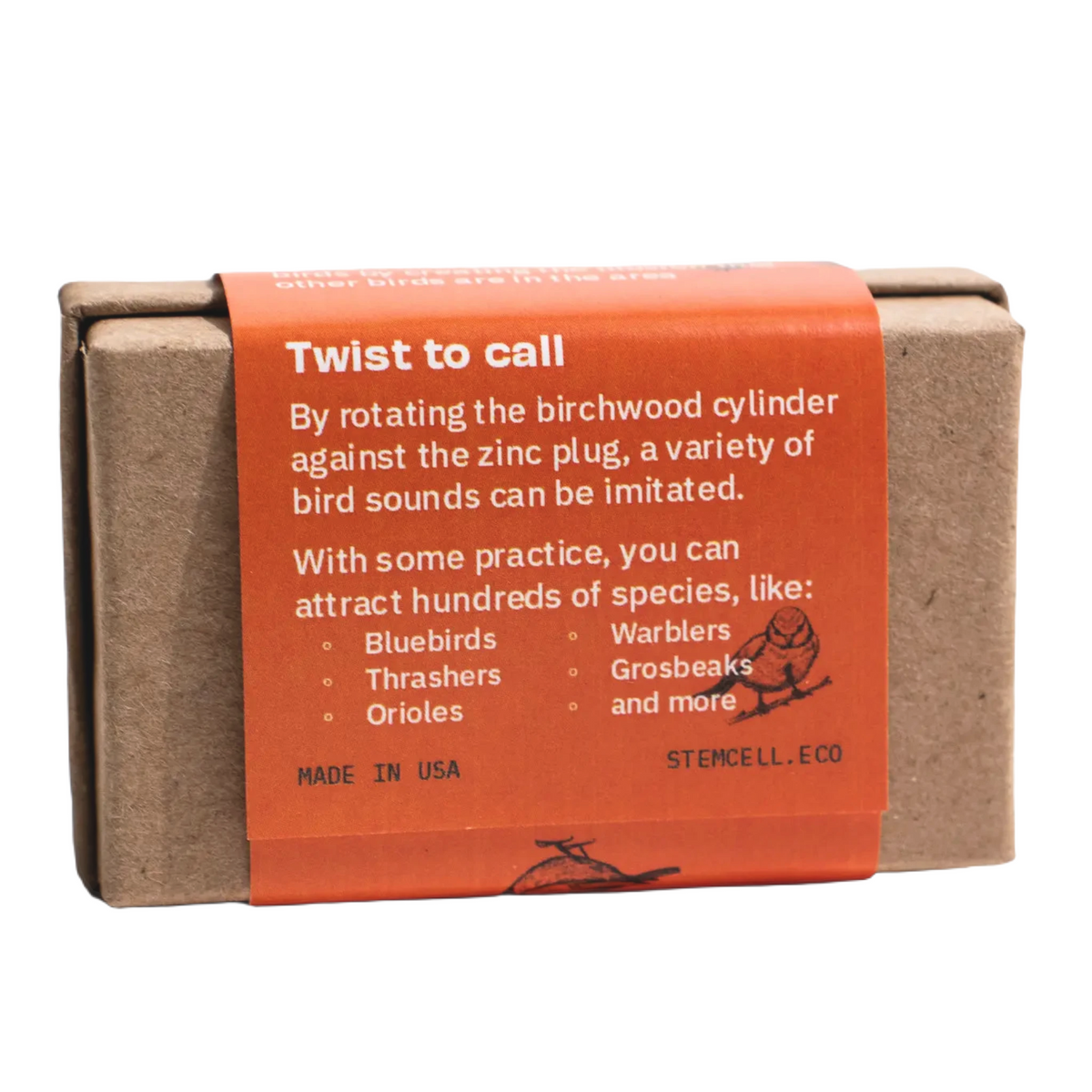 Stemcell Audubon Bird Call in a compact brown box, orange label shows bird species attracted and usage instructions.