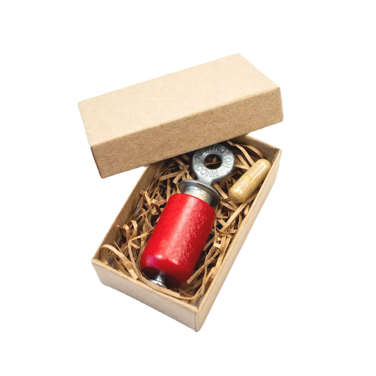 Red shotgun shell keychain and Stemcell Audubon Bird Call in brown box with shredded paper gift packaging. Unique gift set.