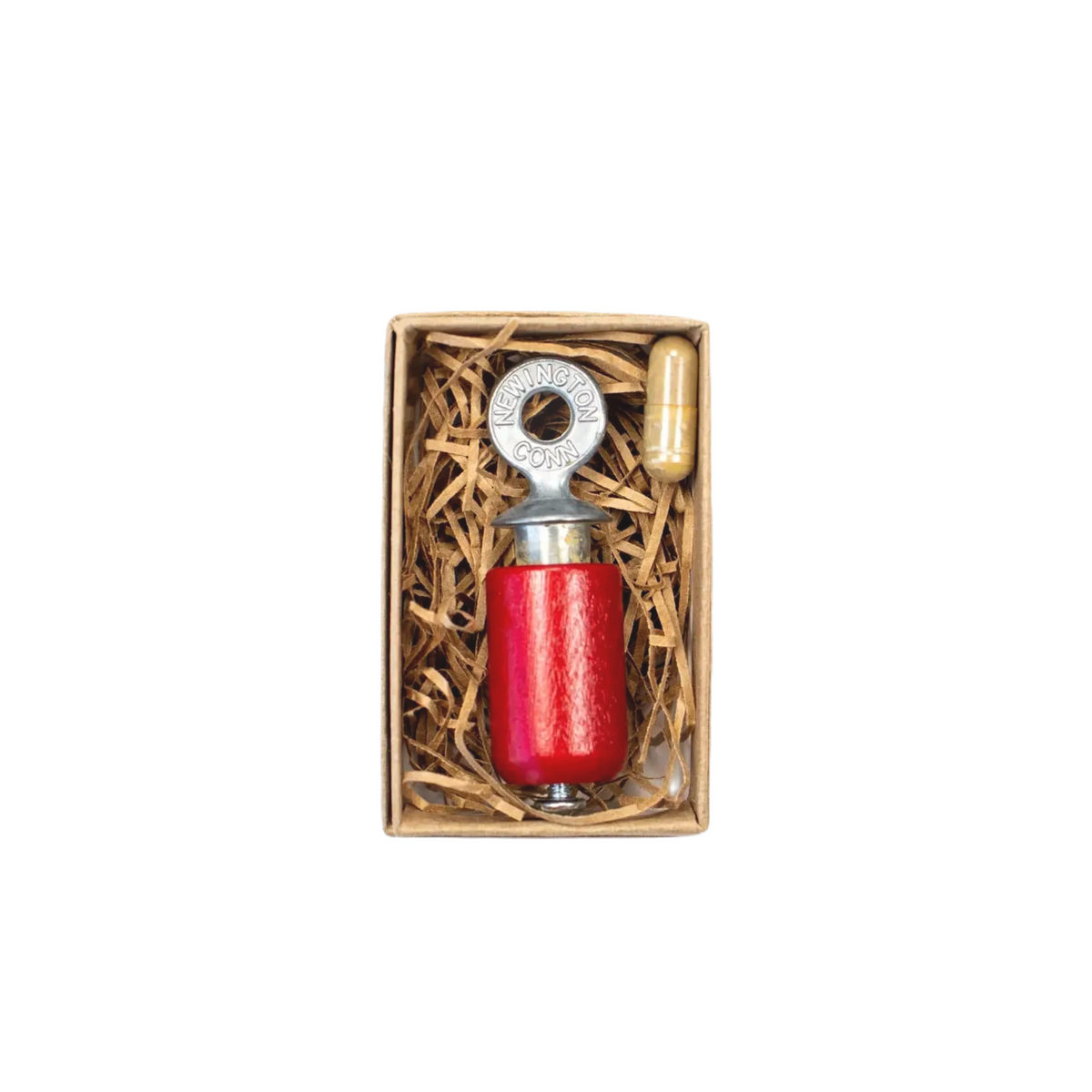 Stemcell Audubon Bird Call—red metal bird whistle with knob, boxed with shredded paper, plus gold capsule. Unique gift.
