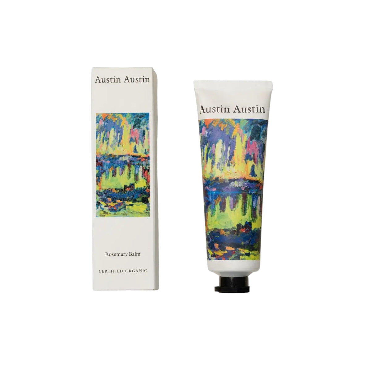 Austin Austin Rosemary Balm 50ml, eco-packaging with vibrant abstract art on tube and box, natural skincare product.