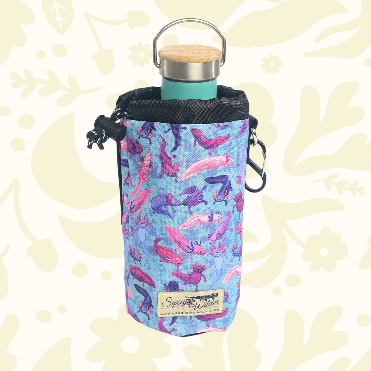 Forager Provisions LTD Sipsey Wilder axolotl print water bottle holder with a teal bottle and adjustable waist strap.