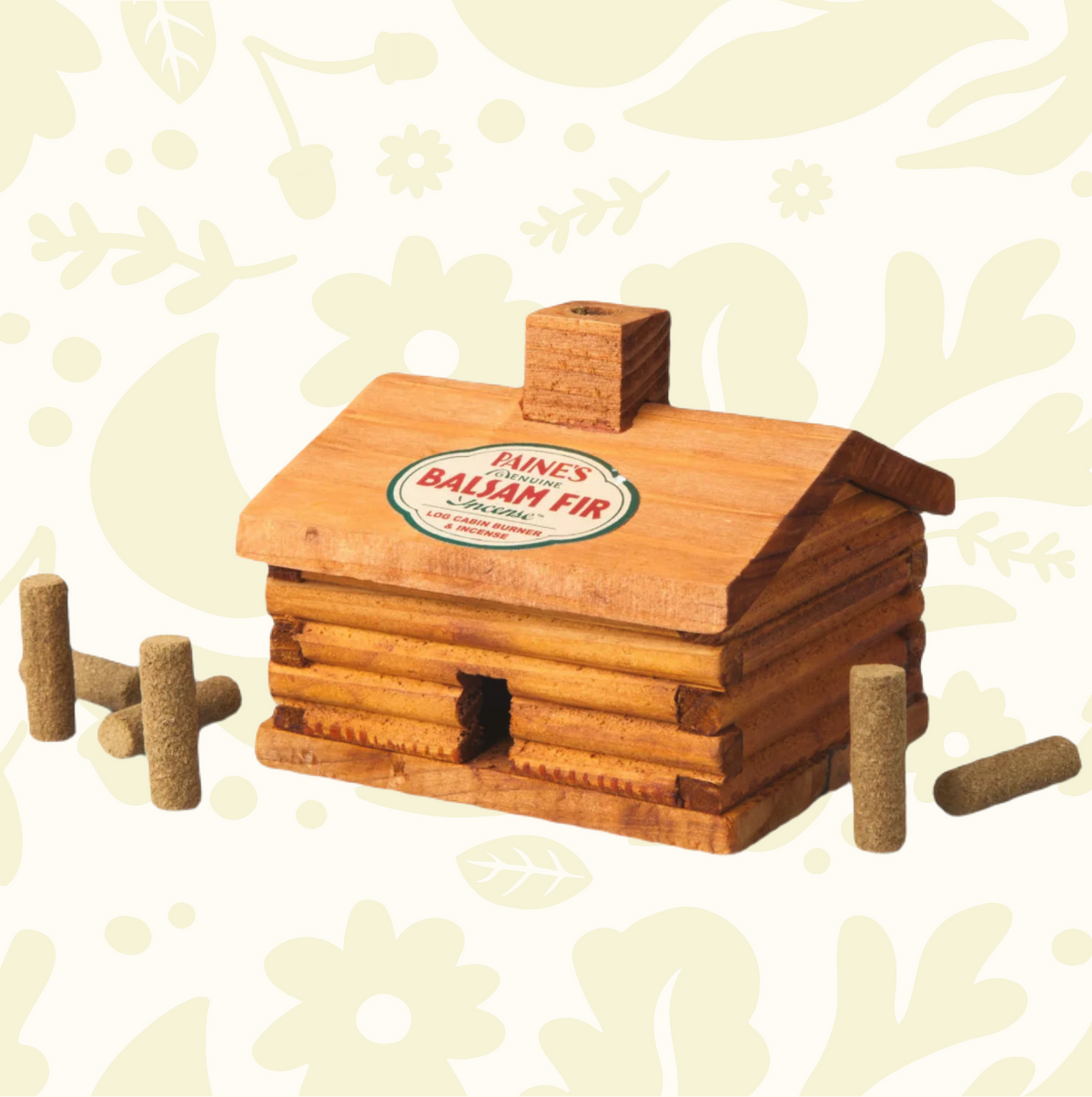 Forager Provisions LTD PAINE’S balsam fir incense set featuring a wooden log cabin burner and natural incense logs.