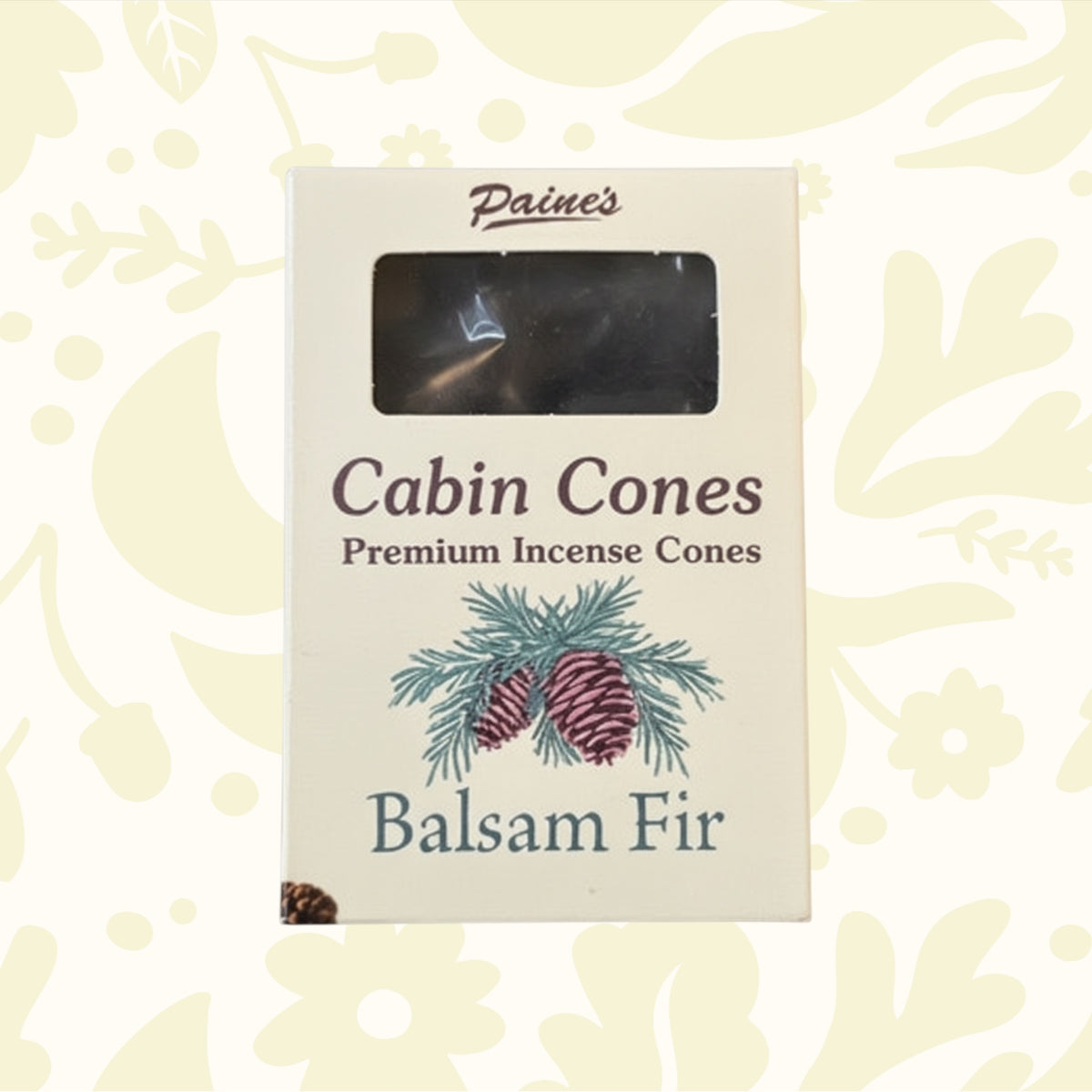 PAINES Balsam Fir Premium Incense Cones box, 25 cones, decorated with pine cones and evergreen trees. Natural aroma gift.