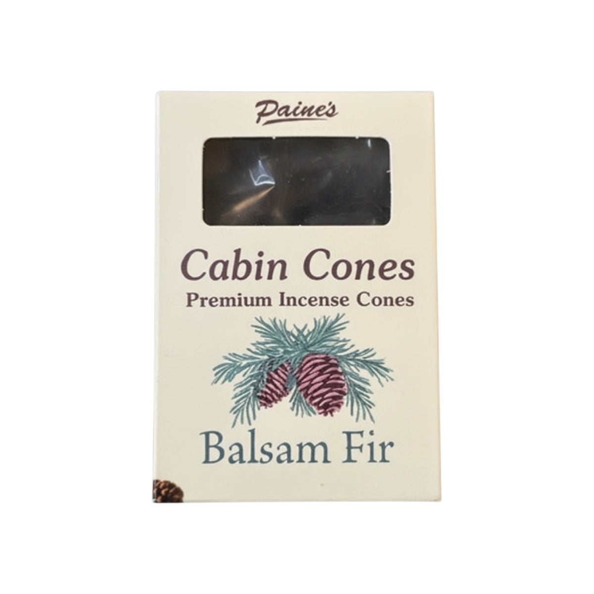 PAINES Balsam Fir Premium Incense Cones box, labeled 25 cones, features pinecones and evergreen imagery on packaging.