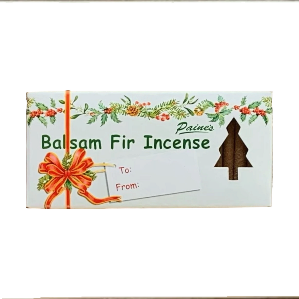 Forager Provisions LTD Paines Products balsam fir incense sticks in a festive gift box with a holiday bow design.
