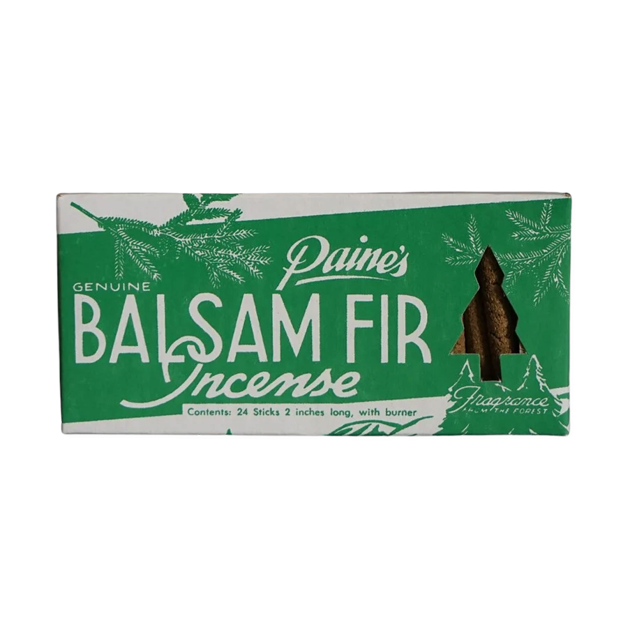 Forager Provisions LTD Paines Products balsam fir incense box with 24 sticks and a burner for a woodland scent.