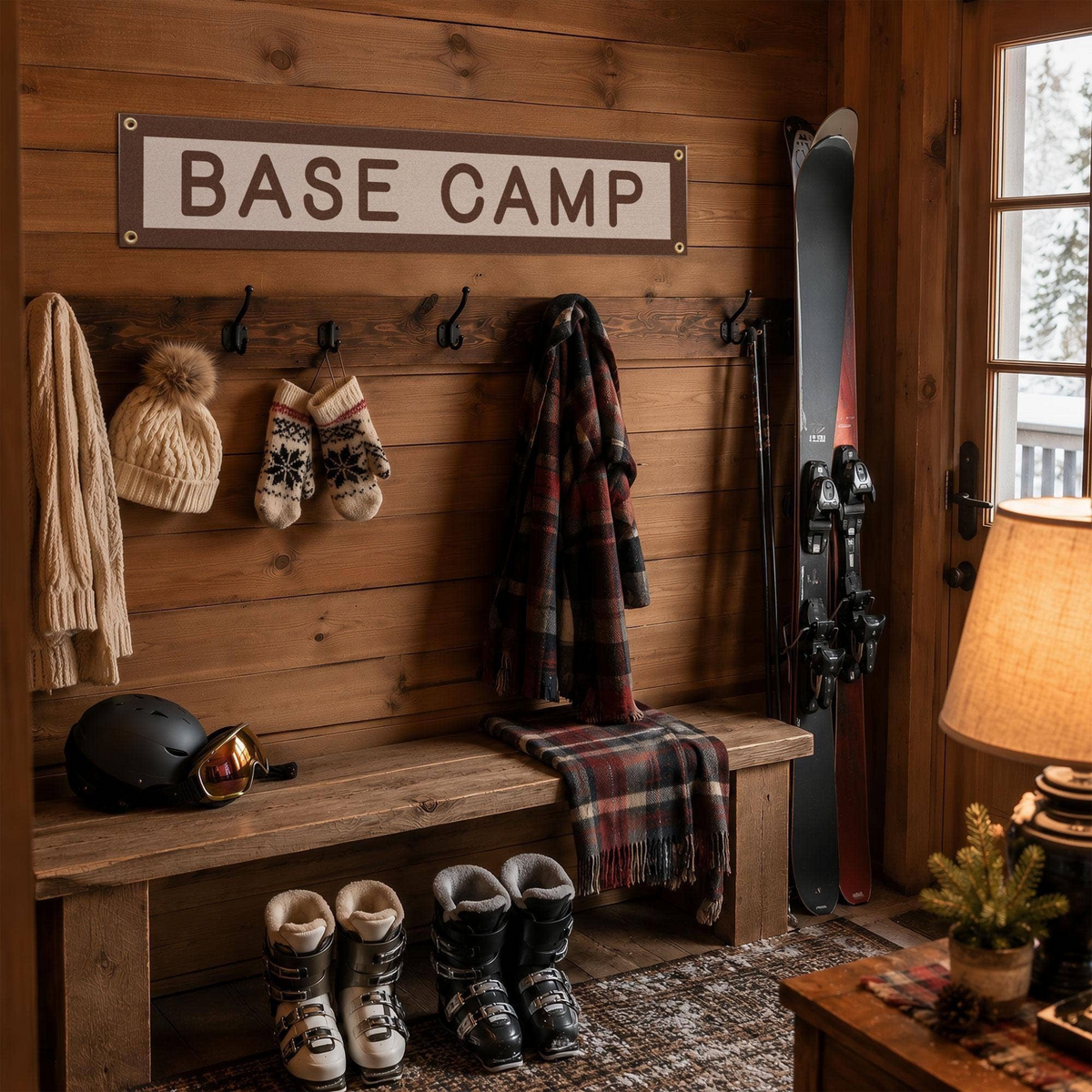 Forager Provisions LTD Benoit's Design Co. Base Camp felt banner hanging in a rustic cabin entryway with ski gear.