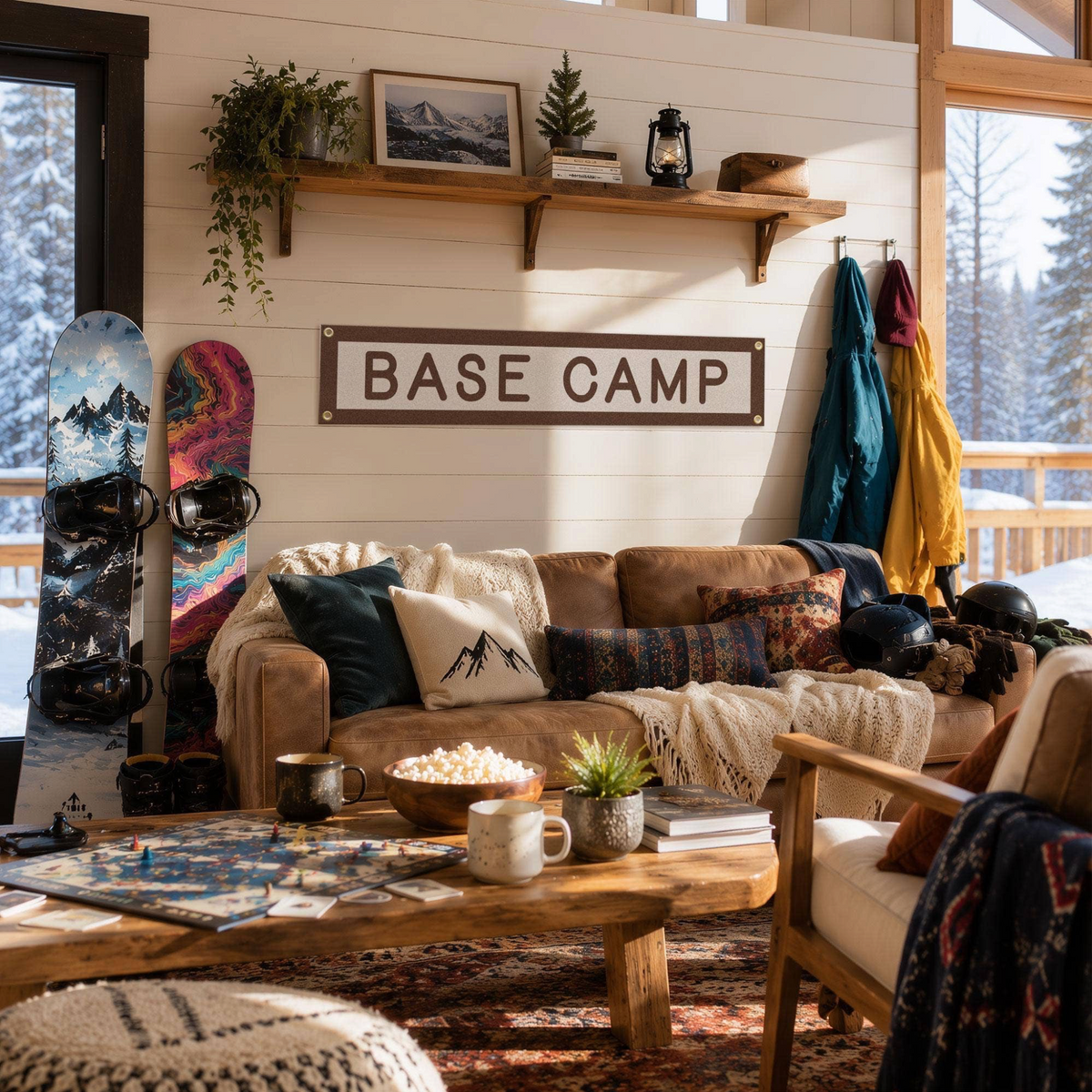 Forager Provisions LTD Benoit's Design Co. Base Camp felt banner hanging in a cozy, rustic cabin living room.