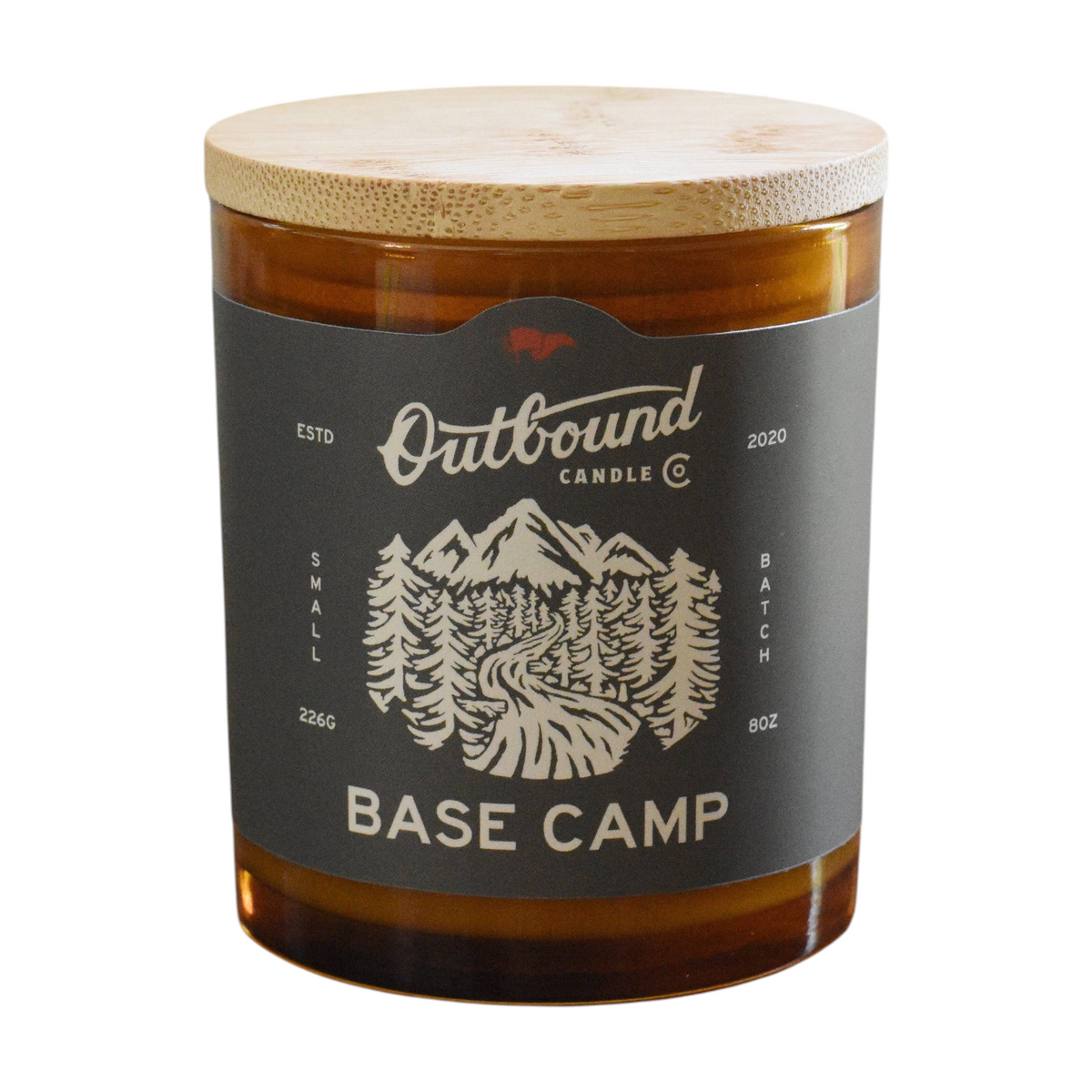 Forager Provisions LTD Outbound Candle Co Base Camp soy candle in amber glass jar with bamboo lid and mountain label