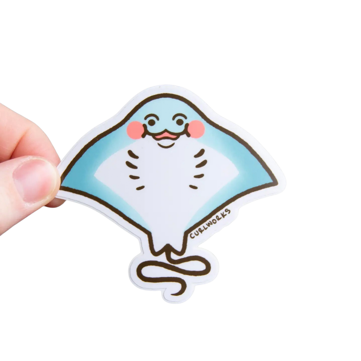 Forager Provisions LTD Curlworks bashful sting ray vinyl sticker with a cute blue design and pink blushing cheeks