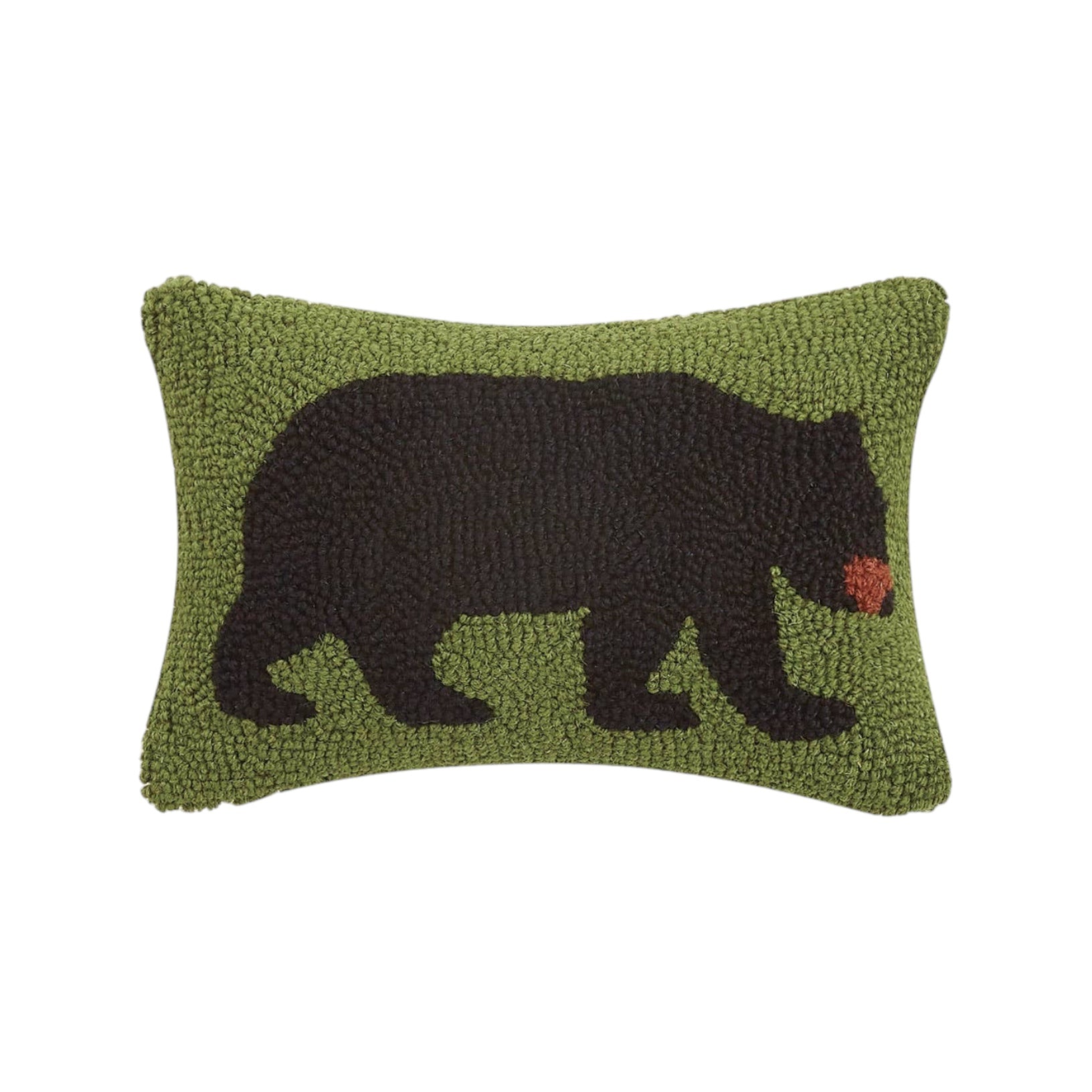 Forager Provisions LTD 8x12 lumbar pillow featuring a black bear design on a green wool hooked background