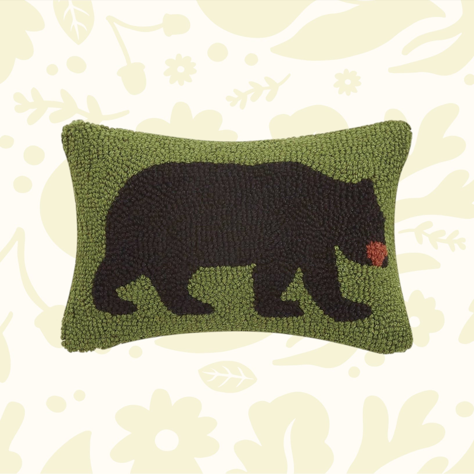 Forager Provisions LTD wool hooked lumbar pillow featuring a black bear silhouette on a green background