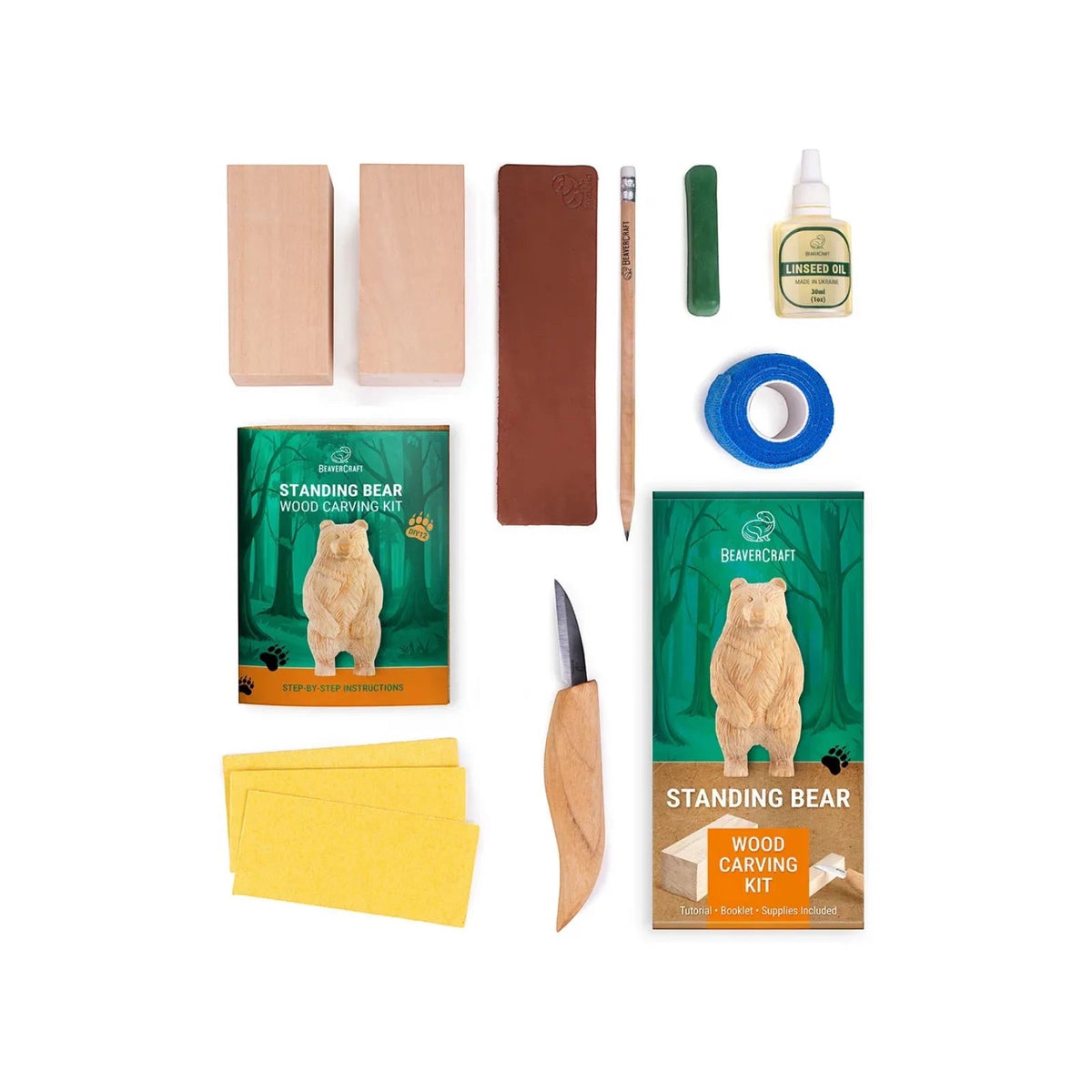 Forager Provisions LTD BeaverCraft DIY12 standing bear wood carving kit with basswood blocks, knife, and supplies