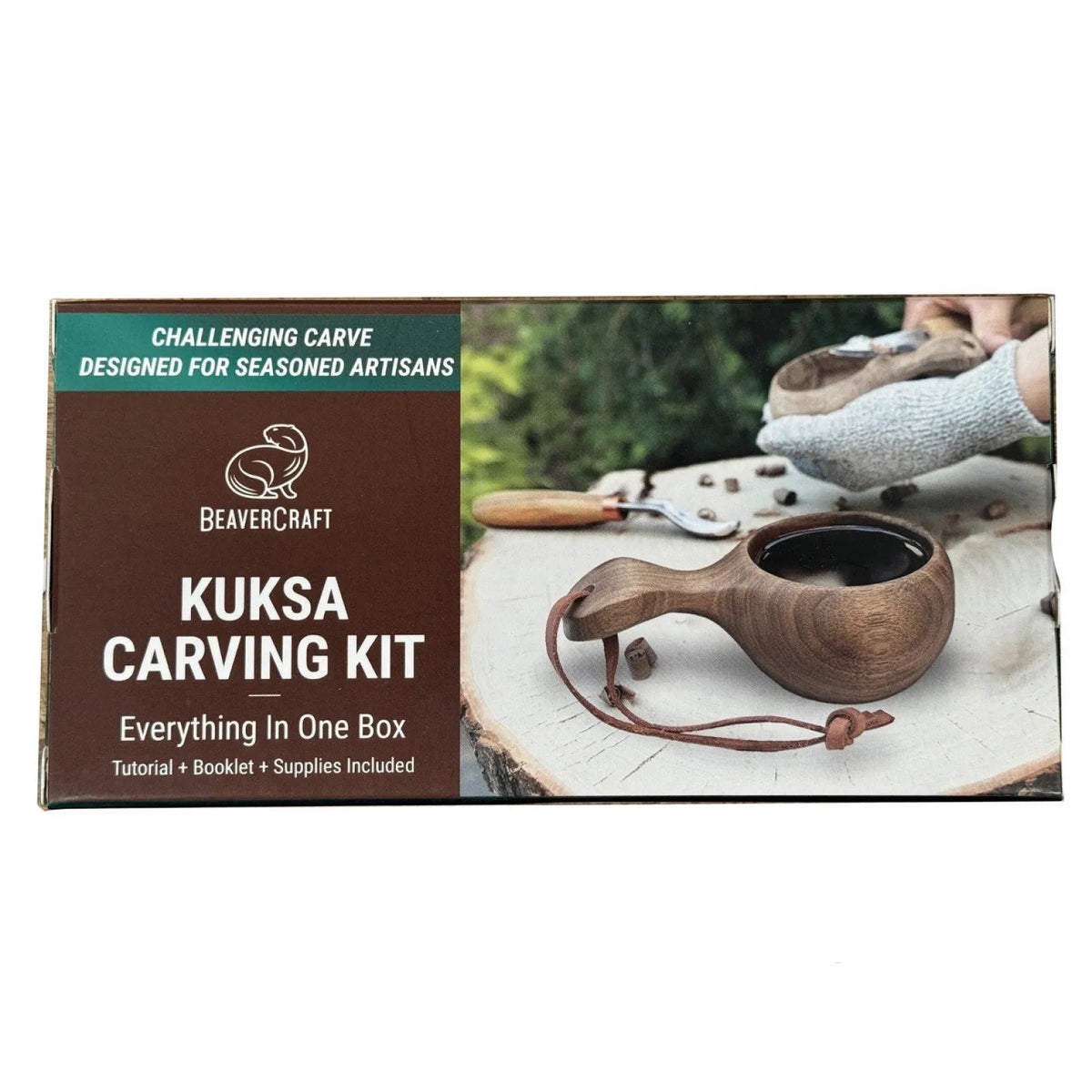 Forager Provisions LTD BeaverCraft DIY07 walnut kuksa carving kit box showing a finished wooden cup and tools