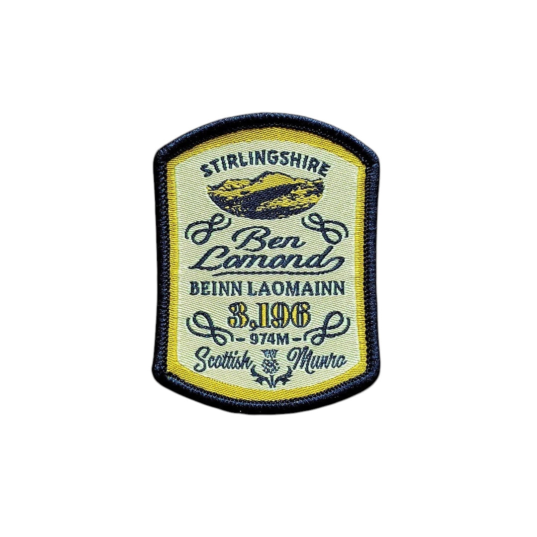 Forager Provisions LTD embroidered Ben Lomond patch featuring a yellow and navy mountain design for hiking gear.