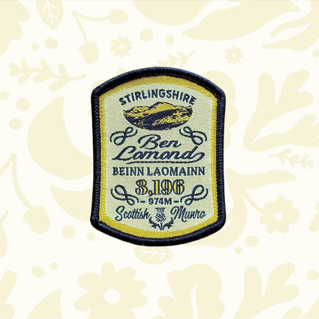 Yellow and black Ben Lomond Patch by The Adventure Patch Company, 3,196 ft Scottish Munro mountain hiking badge souvenir.